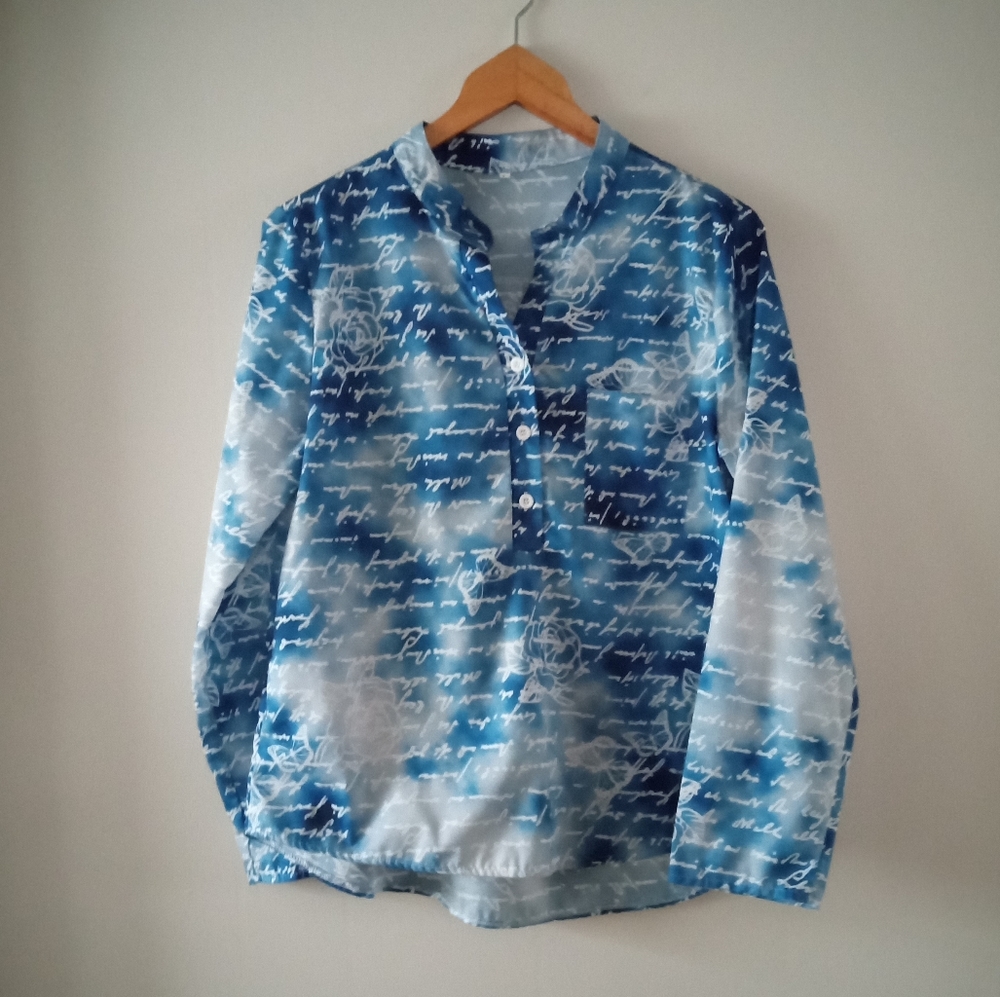 ⛅☁️ Blue Skies Women's Blouse | Size L | Blue and White Cloud Pattern ☁️